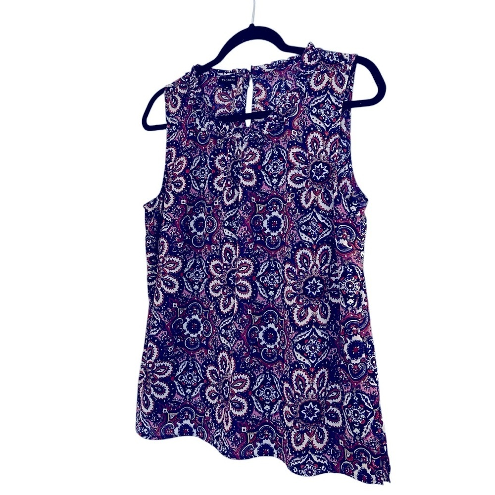 Talbots boho paisley ruffle neck ruched sleeveless top Medium - Picture 4 of 13